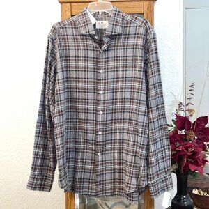 NWT $295 GIANNETTO PORTOFINO Brown / Gray Plaid Shirt XL Made in Italy